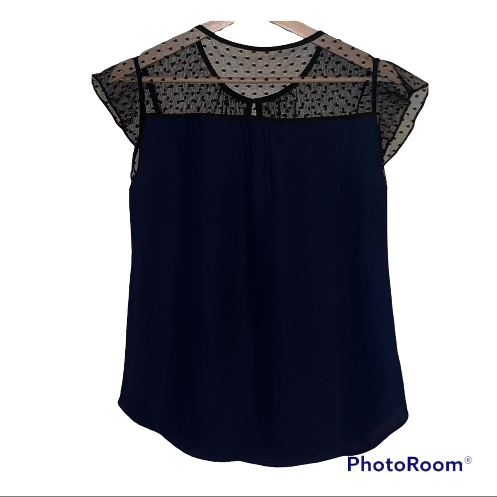 J. Crew Navy Blue Crepe & Black Net Cap Sleeve Blouse Keyhole NWOT Women’s 2
